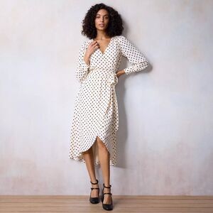 LC Lauren Conrad Modern Wrap Tea Length Midi Dress Natural Dina Dot Navy Small